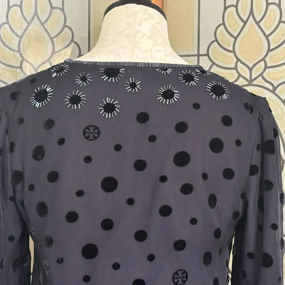 Tory Burch Angela Silk Velvet Dot Beaded Dark Navy Tunic Blouse Top Size 4